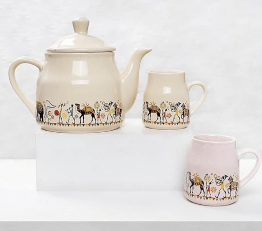 ROXX Pure Ceramic Pastel Flask Microwave Safe Tea/Coffee Cups with Kettle Morning Set Ideal for Friends, Anniversary, Valentine Day, Birthday/1 Kettle + 6 Tea Cups (Multicolor) (Multicolor) - Image 2
